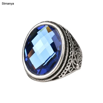 Luxusní Modré Sklo Kámen Prsten Pro Ženy Oslnění Příslušenství Stříbrná Barva Pozlacený Vintage Oválný Pro Muže Velké Prsteny 31015