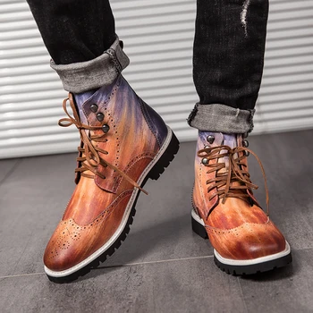 plus velikost pánské módní punk hip hop oblečení měkké kožené boty carving nářečí boty barevné bullock boot hezký kotník botas
