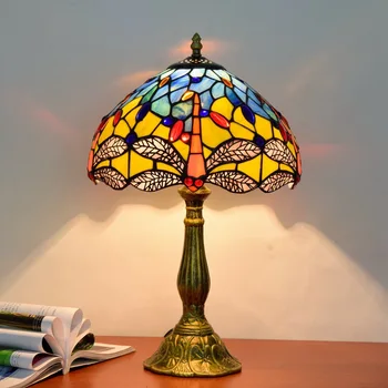 Americký Pastorační Tiffany vitráže obývací pokoj ložnice noční stolní lampy bar žlutá Dragonfly art lampa