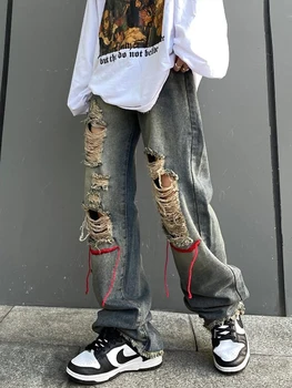 HOUZHOU Roztrhané Džíny Kalhoty pro Muže Punk Džínové Kalhoty Male Propnutá Noha Džíny Hip Hop Harajuku korejské Streetwear Hippie Hole
