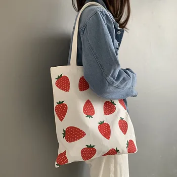 Ženy Plátno Tote Shopper Bag Velké Ekologické Nákupní Jahoda Tisk Tašky přes Rameno pro Dívky 2022 Studentka Skládací Kabelka