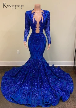 Dlouhé Plesové Šaty 2022 Sexy Mořská Panna Dlouhý Rukáv Čiré Výstřih Královská Modrá Mořská Panna Africké Černé Holky Prom Šaty Gala