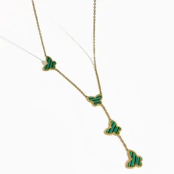 Peri'sBox Zelený Malachit Motýl Kouzlo Dlouhé Náhrdelníky Pro Ženy Titanové Oceli ve Tvaru Y Vrstva Náhrdelník Elegantní Elegantní Šperky