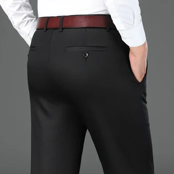 Podzim Zimní kvalitní kompaktní fabric Pánské Fit Rovné elastické Kalhoty Obchodní Gentleman Vysokým Pasem korejské Hladký Lesk Kalhoty