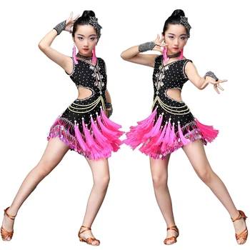 Třásně Dívky Profesionální Soutěže Latin Dance Šaty Černé Společenské Tance Moderní Taneční Kostým Oblečení Fázi Party Festivalu