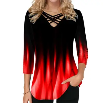 T-Košile Lady Gradient Barva 3/4 Rukáv Ženy, 3D Tisk V Krku Obvaz T-shirt Top pro Streetwear Trička Dámské Oblečení 2021