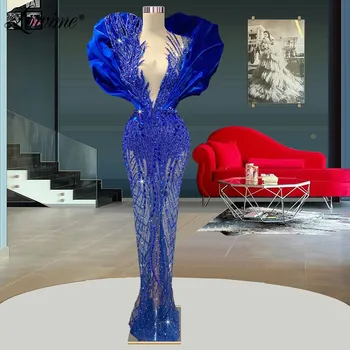 Lowime Královská Modrá Mořská Panna Nádherné Večerní Šaty 2022 Plus Velikost Couture Dubaj Dlouho Celebrity Šaty Robe De Soirée Ples Šaty