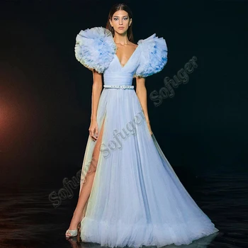 Světle Modrá Aline Nafouklé Rukávy Večerní Šaty Ples Šaty Pás Módní Robe De Soirée Celebrity Vestidos Fiesta Zakázku