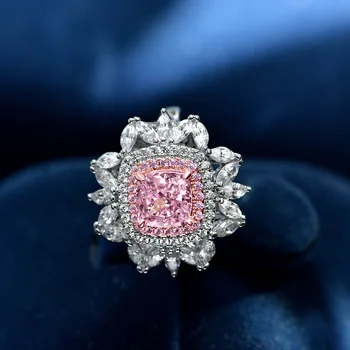 Nový módní trend 925 stříbro vykládané 5A zirkon luxusní květina růžový diamant drahokam prsten polštář ve tvaru dámy