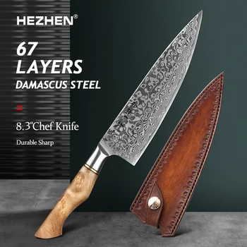 HEZHEN 8.3 Palců Profesionální Kuchař Nůž Japonský 67 Vrstvy Damašku Oceli S Koženým Dřevěné Pouzdro Ostré Cook Kuchyňský Nůž