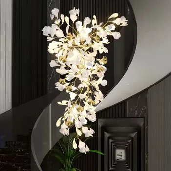 Luxusní Keramický Lustr pro Obývací Pokoj Ginkgo Větev, Listy Moderní Přívěsek Světlo Mědi Umění Villa Studie Ložnice Lampa