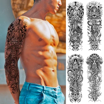 Velké Paže Rukávy Vodotěsné Dočasné Tetování Nálepka Buddha Meč Boa Cobra Černé Převodu Falešné Tetování Body Art Muži Ženy