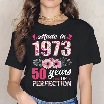 Dámské tričko Vyrobené v roce 1973 Květiny 49 Let 50 Let Ženu, Dárek k Narozeninám Květiny Tištěné Příležitostné Vzor T-košile Top