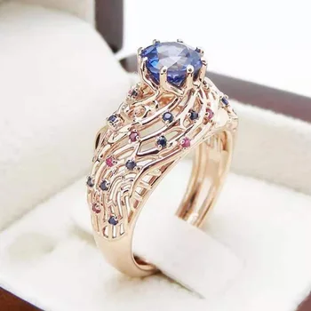Nový Design Vykládané Modré Crystal Zirkony Prsteny pro Ženy Přehnané Větev ve Tvaru Zlaté Barevné Kroužky Kouzlo Svatební Šperky Velkoobchod