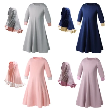 Muslimské Tradiční Islámské Oblečení Roucho Děti Dítě Dívky Bohatší Saúdské Arabské Dubaji Pevné Abaya Kaftan s Prohrábnout Luk Šaty Hidžáb