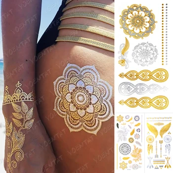 Vodotěsný Dočasné Tetování Nálepka Květina Mandala, Henna, Zlato Stříbrná Metalíza Flash Tetování Boho Křídla, Peří, Třpytky Náramek