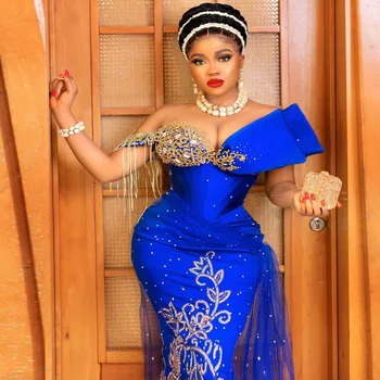Královská Modrá Nigérie Plesové Šaty Luxusní Jeden Shouder Čiré Krku Hlavní Lišty Tasseles Mořská Panna Večerní Šaty Celebrity Šaty
