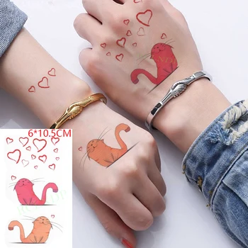 Vodotěsný Dočasné Tetování Nálepka Krásné Růžové Oranžové Kočičí Láska Srdce Kreslený Tělo Umění Flash Tetování Falešné Tetování pro Ženy, Muže