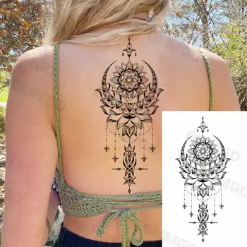 3D Černý Mandala Moon Přívěsek Dočasné Tetování Pro Ženy, Dospělý, Holka, Lotos, Růže Květ Falešné Tetování Zpět, Paže, Hrudník v Pračce Tatoo