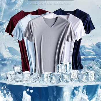 Módní Letní Bezešvé Prodyšné Ice Hedvábí T-Shirt Vesta Pánské Sportovní Krátký Rukáv T-shirt Ice Hedvábí Plná Barva V-neck Tees