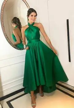 Dlouhé Saténové Zelené Matka Nevěsty Šaty s Kapsami A-Line Ohlávka Svatební Party Šaty pro Ženy