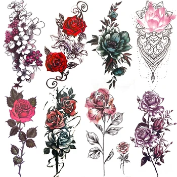 Akvarel Lotus Cherry Dočasné Tetování Pro Ženy Rose Henna Tetování Nálepka Na Ruku Pivoňka Lily Vodotěsný Listy Falešné Tetování Listy