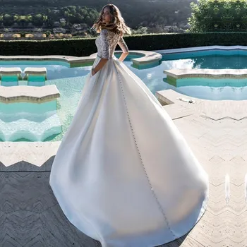 Princové Turecko Svatební Šaty Roku 2023 Polovina Rukávy Krajky Nášivky Iluze Zpět Svatební Šaty s Kapsy Vestidos De Mariee